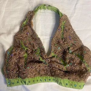 Handmade laced/beaded green and brown halter top